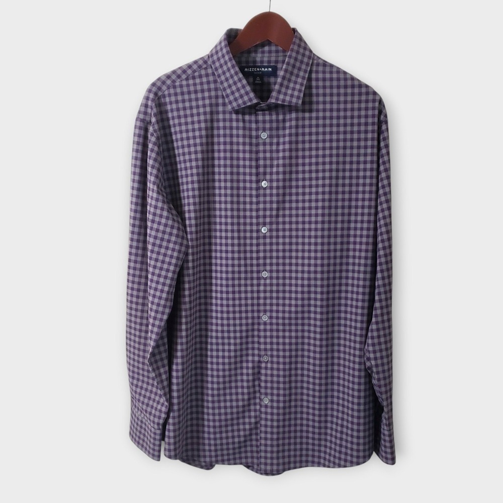 Mizzen+Main Leeward Mens Trim Fit Shirt Purple Check Performance XL Long Sleeve
